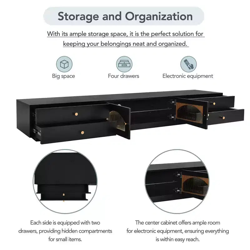 TV Stand for 95 TV, Extra Long Media Console with 2 Doors & 4 Drawers, Large TV Storage Cabinet Entertainment Center with Fluted Glass Doors