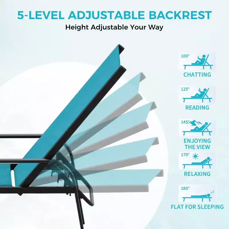 Outdoor Lounge Chair Set of 2  5-Position Adjustable Recliner, Textilene Fabric, 76 Pool Chaise for Patio, Garden & Poolside