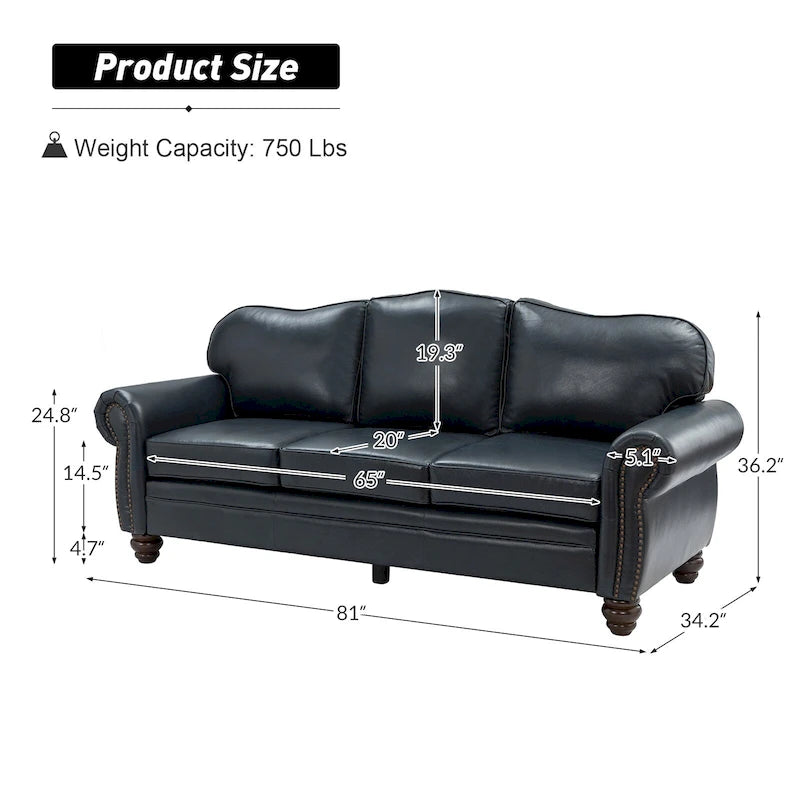 Balvino 81 Wide Transitional Genuine Leather Rolled Arm Sofa with Nailhead Trim and Removable Cushions