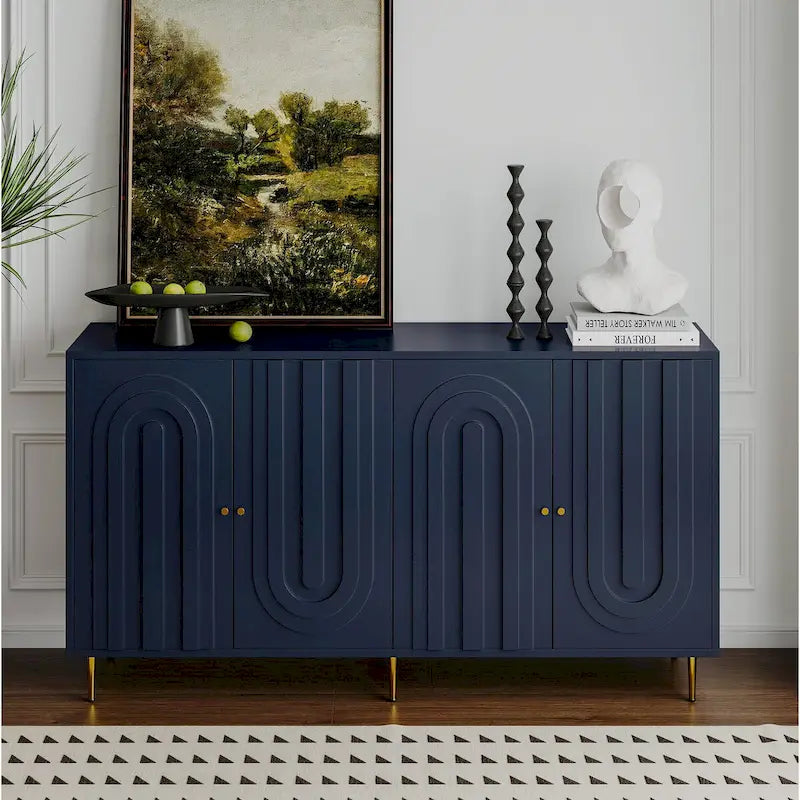 60-in Modern Blue/ Grey Lacquered 4 Door Wooden Sideboard Buffet Server Accent Storage Cabinet