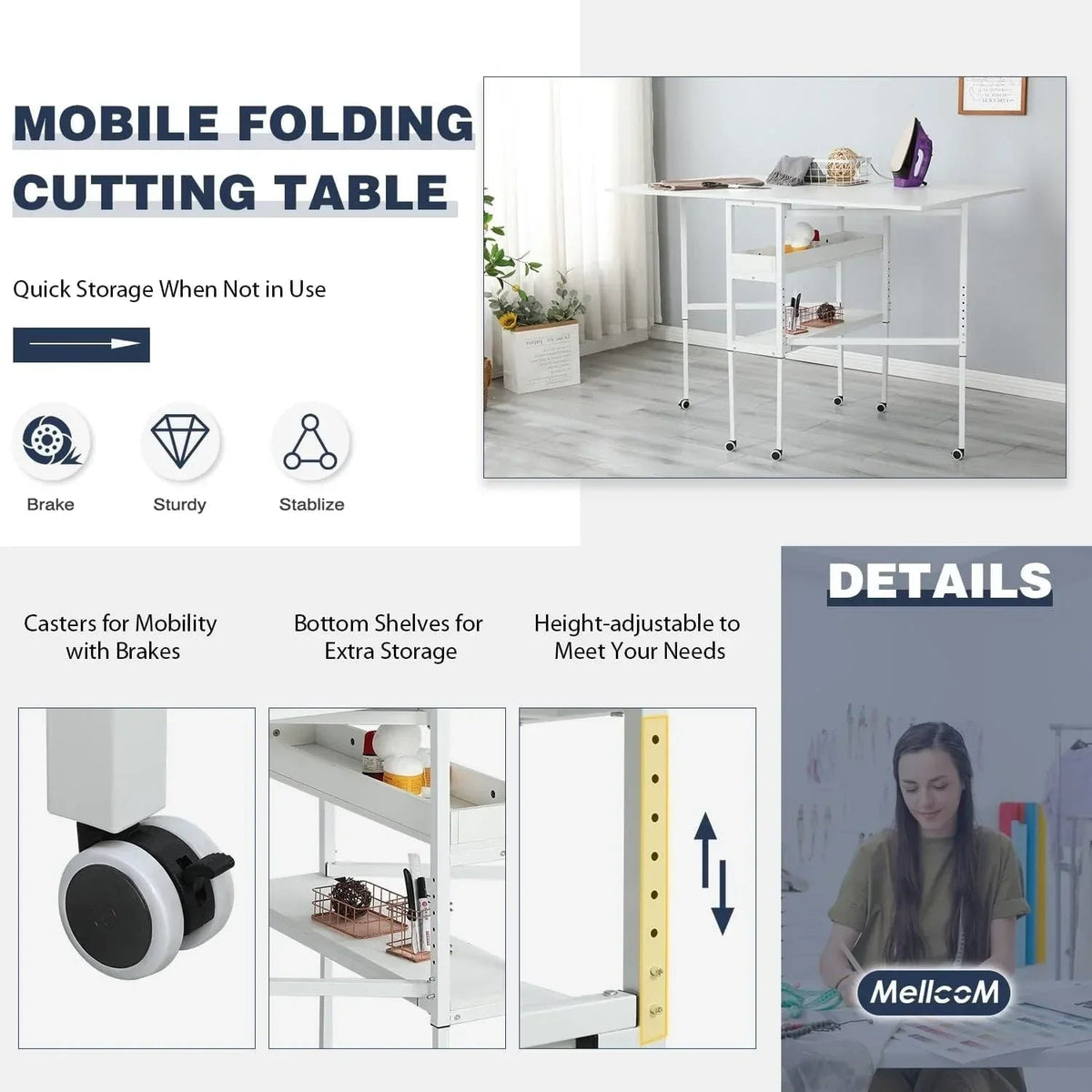 Height Adjustable Craft Table with Storage Shelves, Mobile Folding Cutting Table for Home Office Sewing Room Craft Room