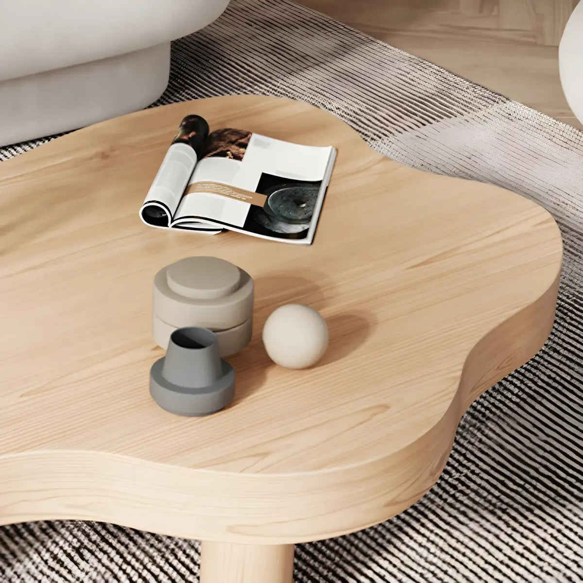 Natural Cloud-Shaped Pine Coffee Table with 3 Legs