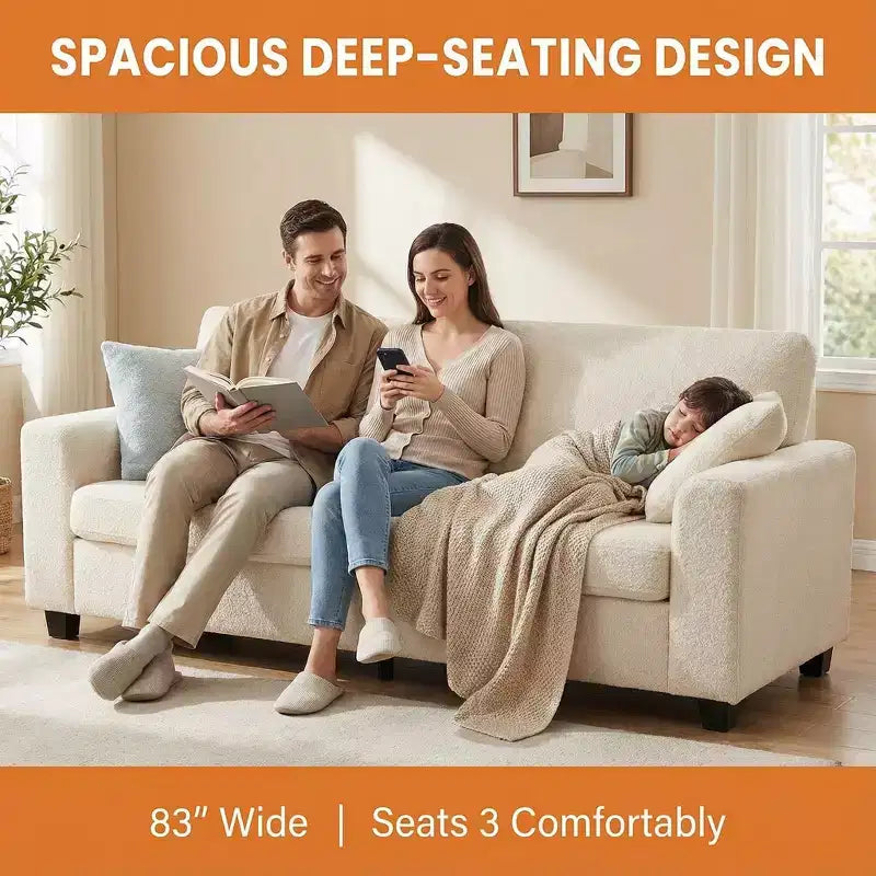 83W Modern 3-Seater Sofa with Deep Seat, Soft Fabric, Wide Armrest, Removable Washable Cushion Cover
