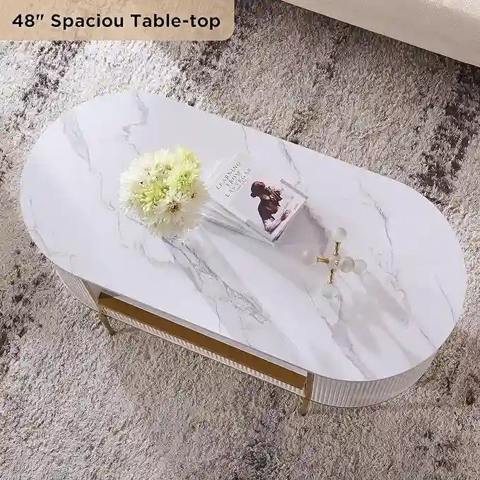 Modern Luxury Fluted Coffee Table, Center Table with Faux Marble Top