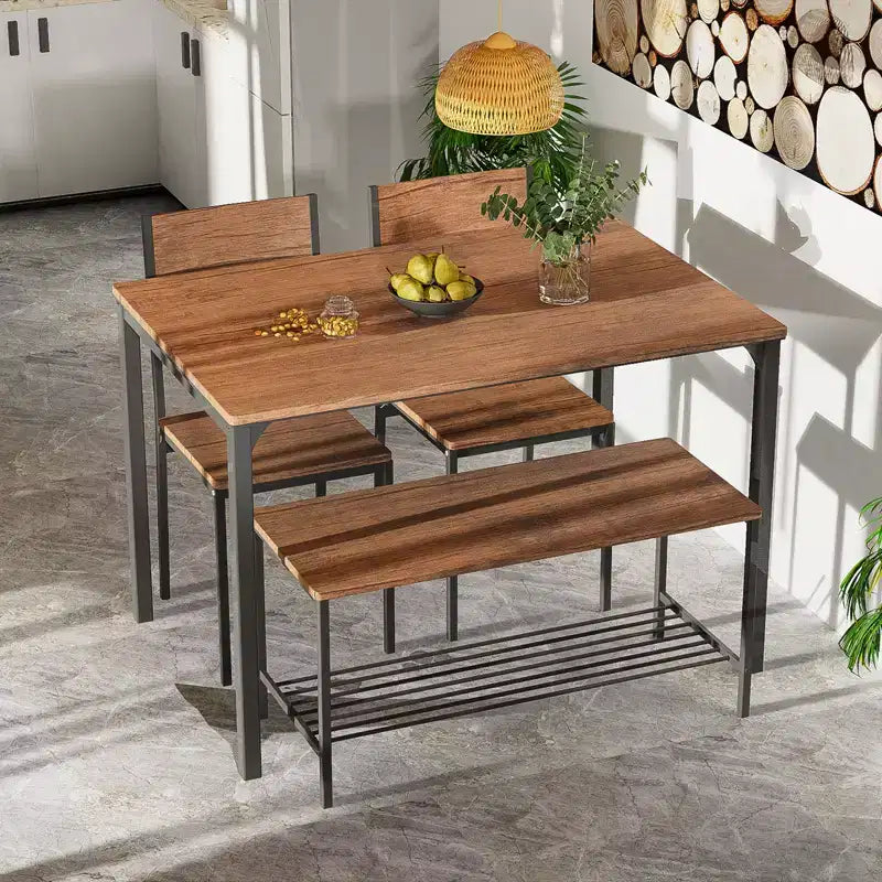 Costway 4pcs Dining Table Set Rustic Desk 2 Chairs & Bench w/ Storage Rack