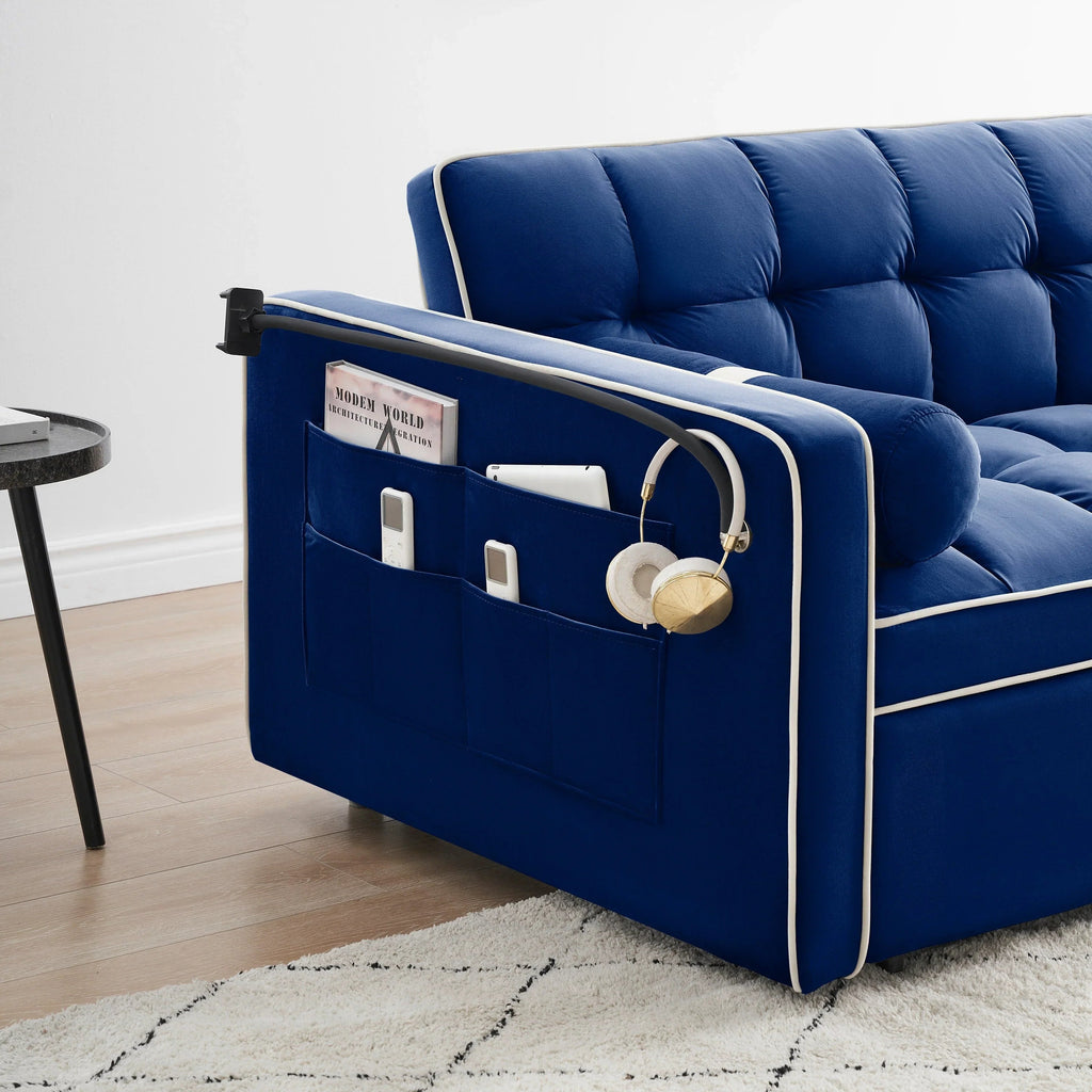 Velvet Convertible 55 2-Seater Sleeper Sofa with Pull-Out Bed, Adjustable Recline, Side Pockets, and Phone Holder