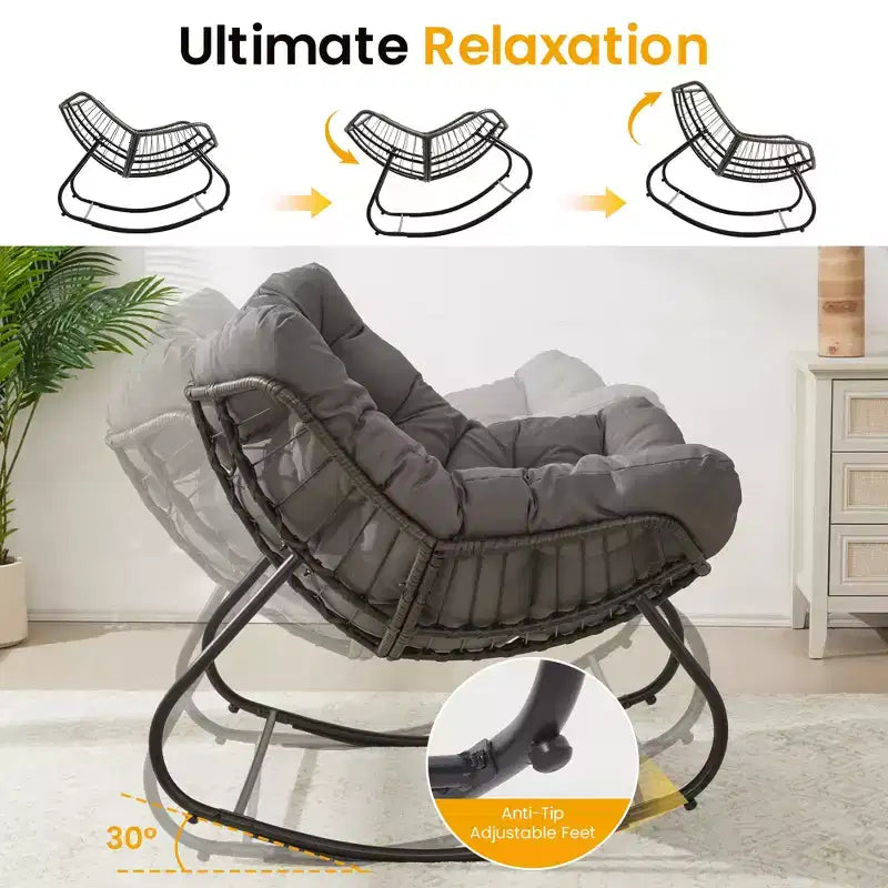 Heynemo Patio Rocking Chair with Ottoman, Outdoor Indoor Rocking Egg Chair with Cushions, Metal Lounge Chair Oversized Papasan Chair, Reading Chair