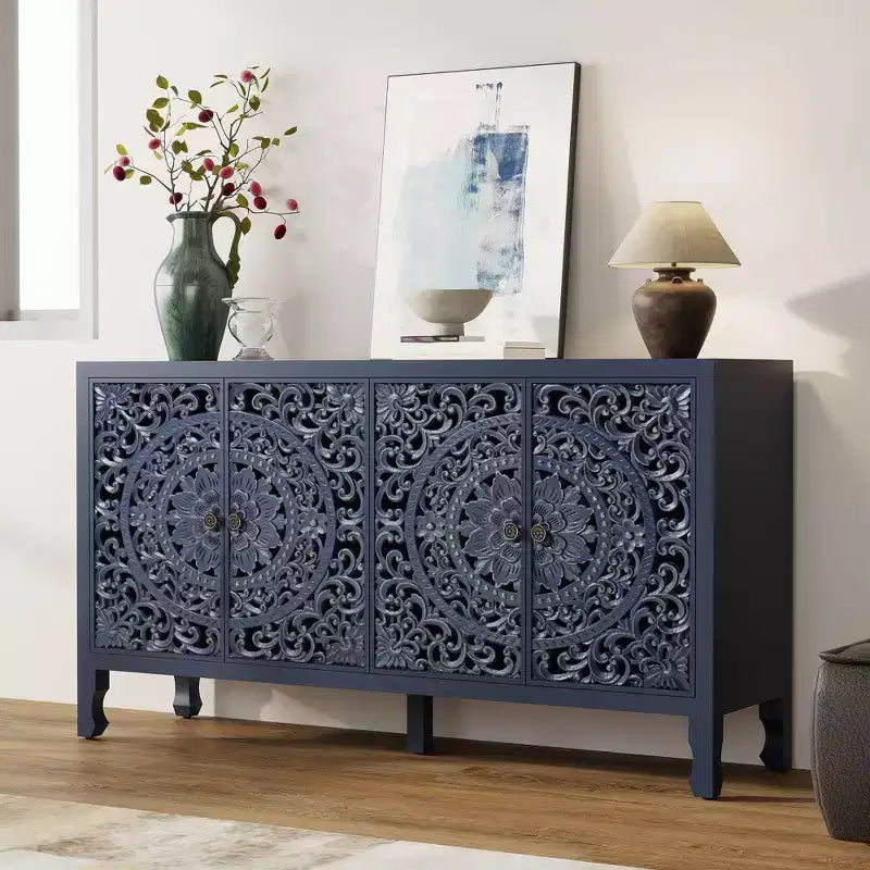 Buffet Cabinet with Storage, Distressed Storage Cabinet with 4 Carved Doors and Adjustable Shelf, Wooden Accent Sideboard Buffet Cabinets