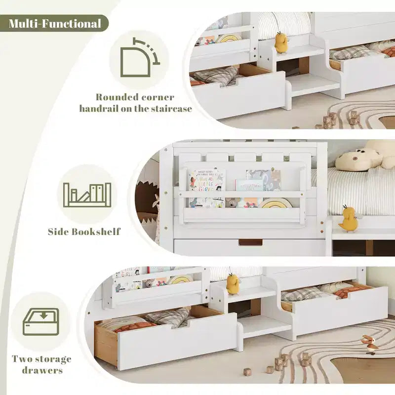 Bellemave Queen Size Toddler Bed with 14 Safety Guardrails, Space-saving Bed Frame with Built-in Bookshelves & 2 Under-Bed Storage Drawers