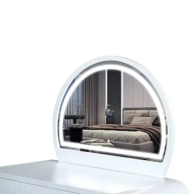 Makeup Vanity Table with Large Mirror and Touch Screen, Vanity Desk with Large Drawer and Arched Corner, Dressing Table for Bedroom