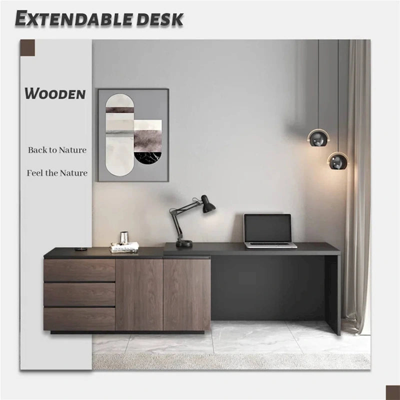 Home Office Expandable Desk with Drawer Dresser for Storage