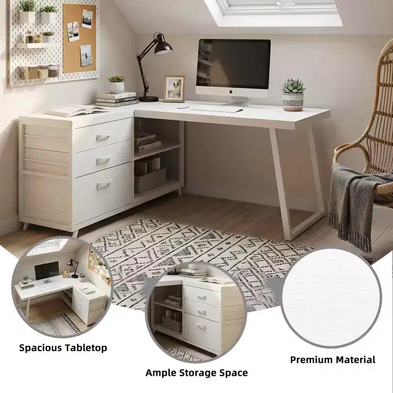 Reversible L-Shaped Desk with 3 Drawers & Open Shelves - Rustic Home Office