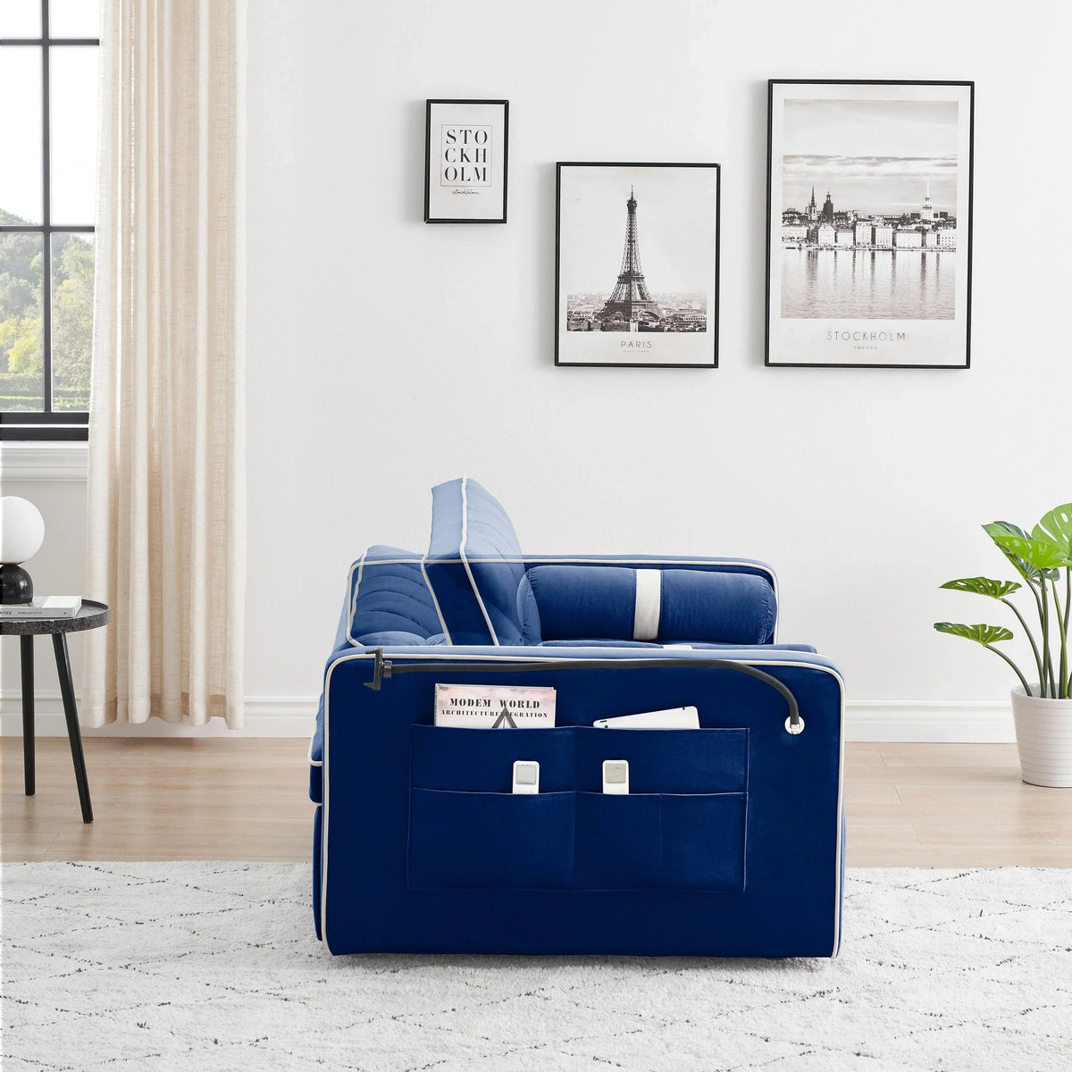 Velvet Convertible 55 2-Seater Sleeper Sofa with Pull-Out Bed, Adjustable Recline, Side Pockets, and Phone Holder