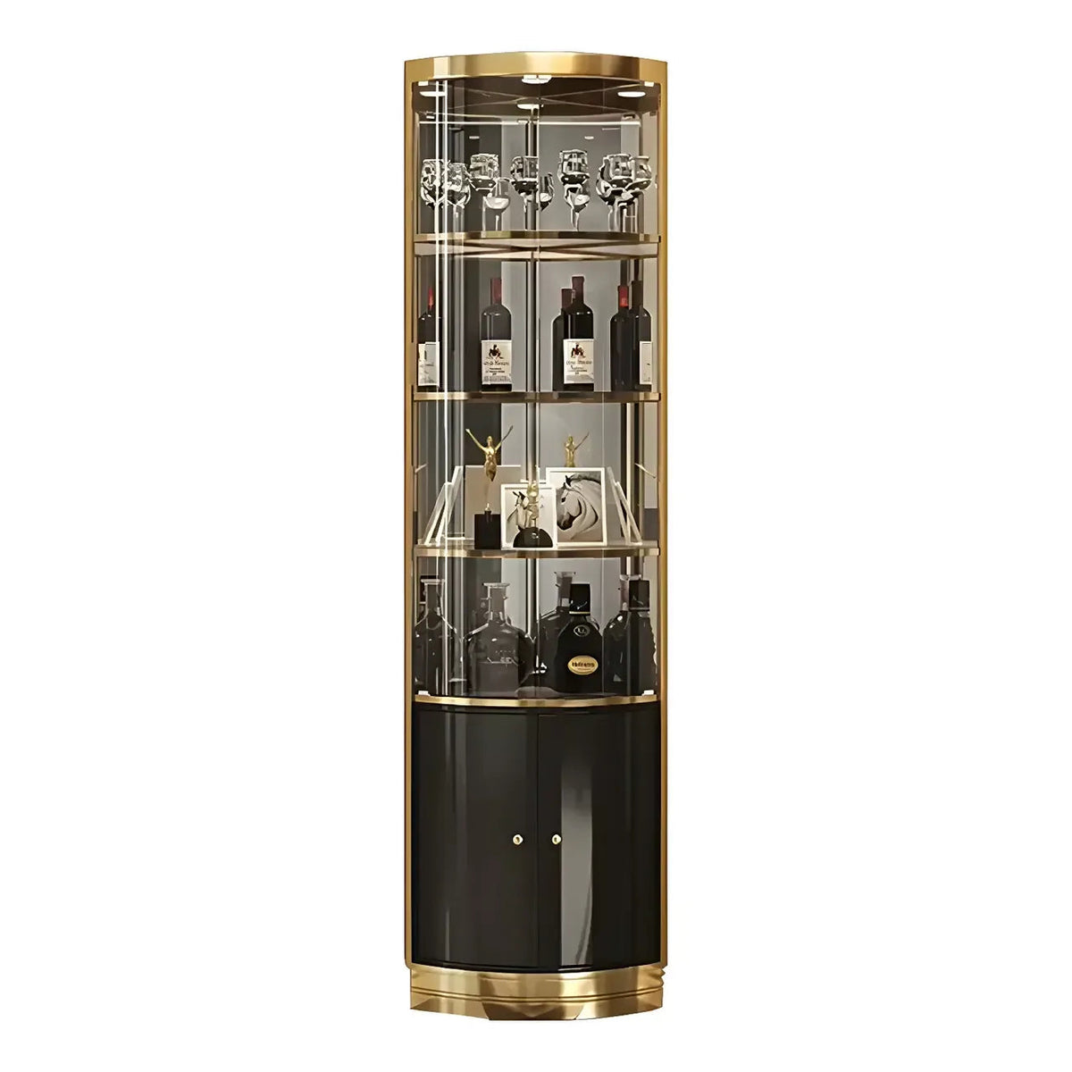 Glam Glossy Glass Gold Metal Rounded Display Corner Cabinet
