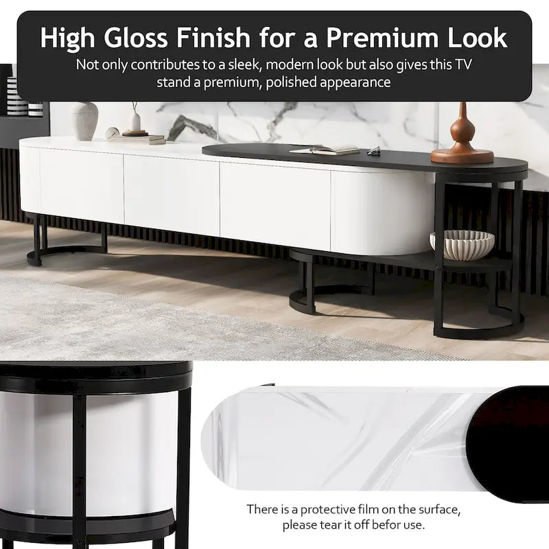 Modern Black White Retractable TV Stand with 3 Drawers and Metal Adjustable Legs for Living Room Bedroom