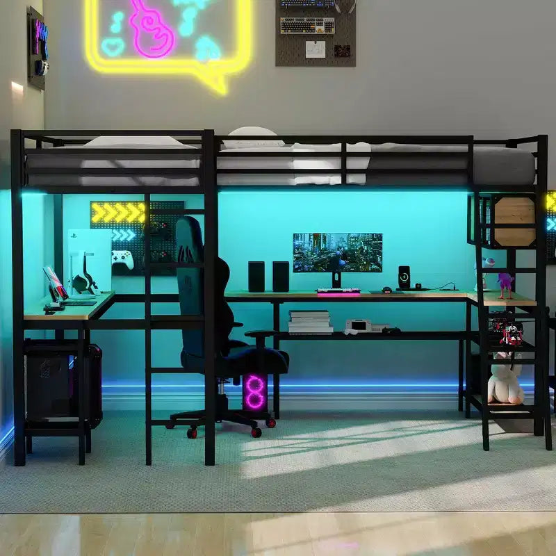 Twin Metal L-Shaped Loft Bed with Storage Shelves, 2 Built-in Desks - Black
