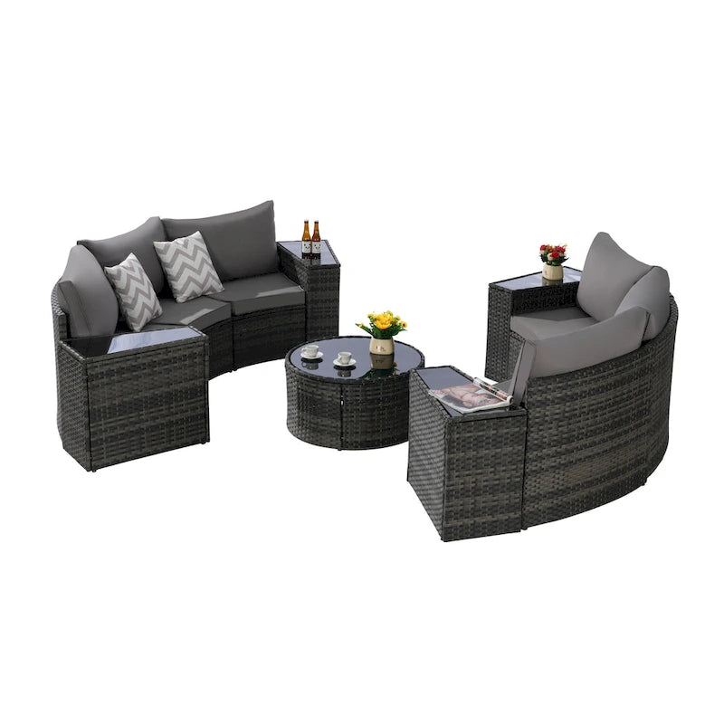 11-Piece Outdoor Half-Round Modular Sectional Sofa Set with Tempered Glass Coffee Table and 4 Side Table