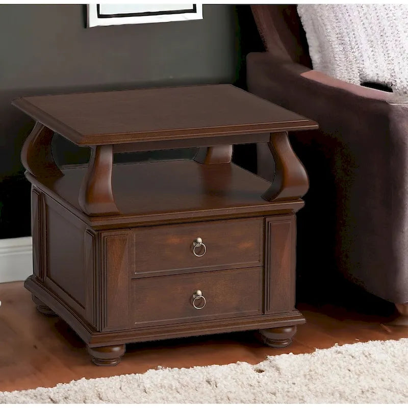 HomeRoots 26  Brown Solid Wood Square End Table With Two Drawers And Shelf - 26 X 26 X 28