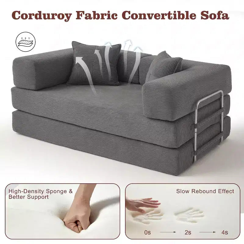 Dyonery 65-in five-in-one folding floor sofa bed, convertible into a double bed sofa bed, with a fixed metal frame, corduroy