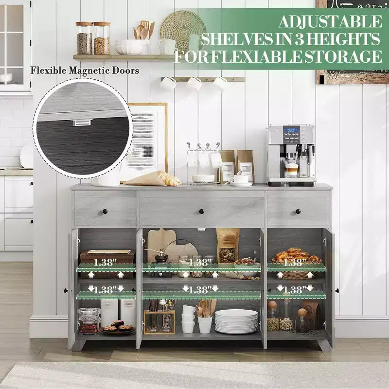 55 Sideboard Buffet Cabinet with 3 Drawers & 4 Doors, Adjustable Shelf Kitchen Storage Console for Dining Room Living Room