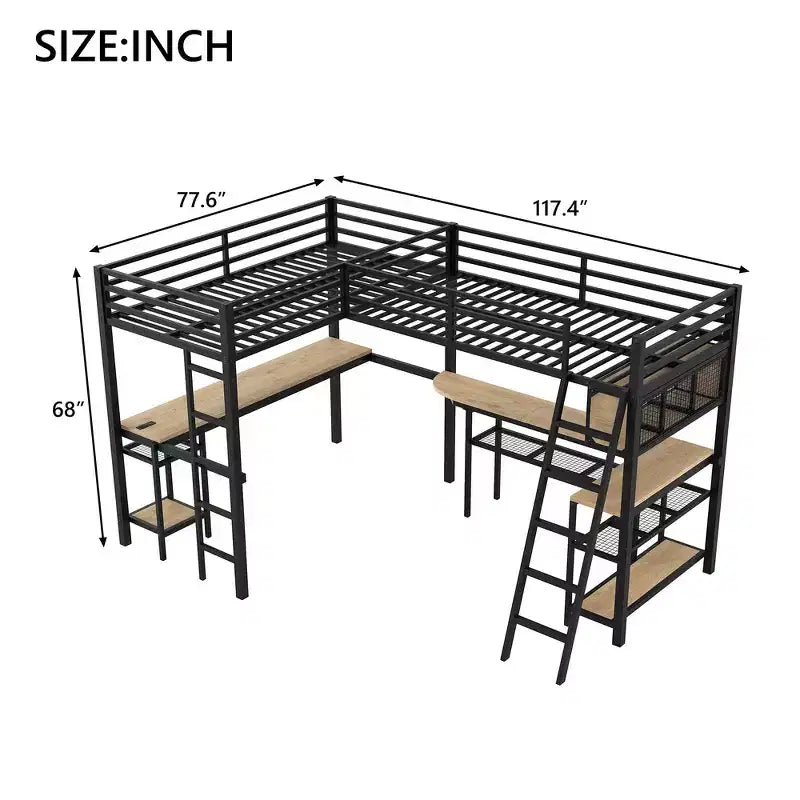 Twin Metal L-Shaped Loft Bed with Storage Shelves, 2 Built-in Desks - Black