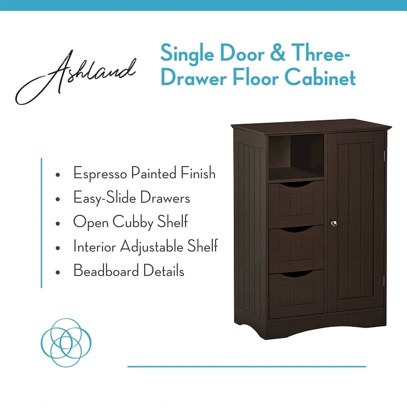 RiverRidge Ashland Single Door Bathroom and Laundry Storage Cabinet with 3 Drawers, Open and Adjustable Shelf
