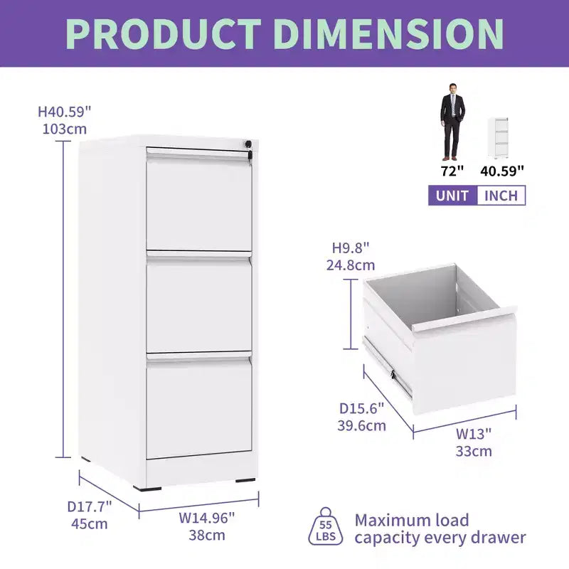 VIYET 52H 3-Drawer Metal Vertical File Cabinet with Lock,Steel Filing Cabinet for Home Office,Fits A4/Legal/Letter