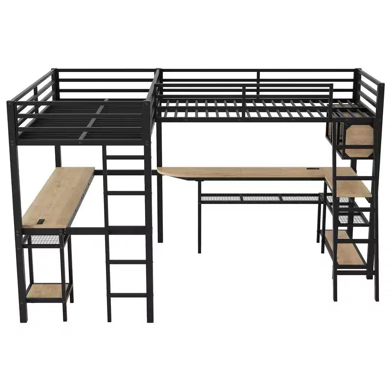 Twin Metal L-Shaped Loft Bed with Storage Shelves, 2 Built-in Desks - Black
