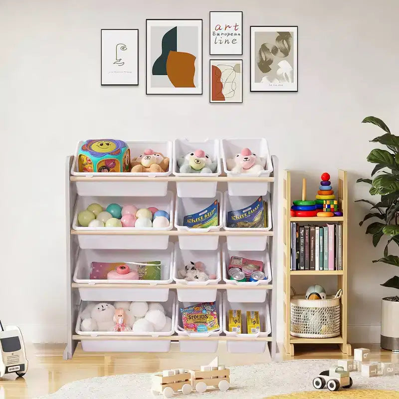 VECELO Kids Bookshelf Toy Storage with 12 Bins, Wooden Toy Rack for Toddlers, Large-Capacity Playroom Storage for Books or Toys