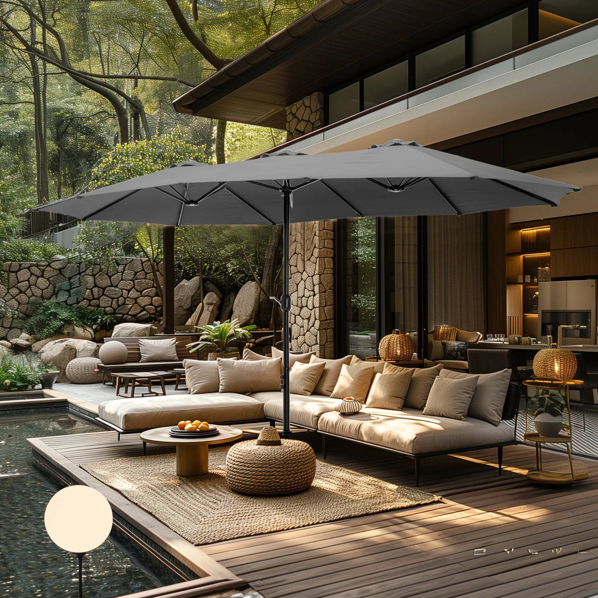 MAISON ARTS 15ft Double-Sided Patio Extra Large Twin Umbrella with Base Included