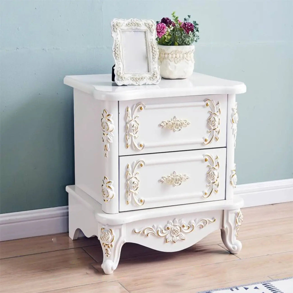 Traditional White Wood Carved 3-Drawer Nightstand