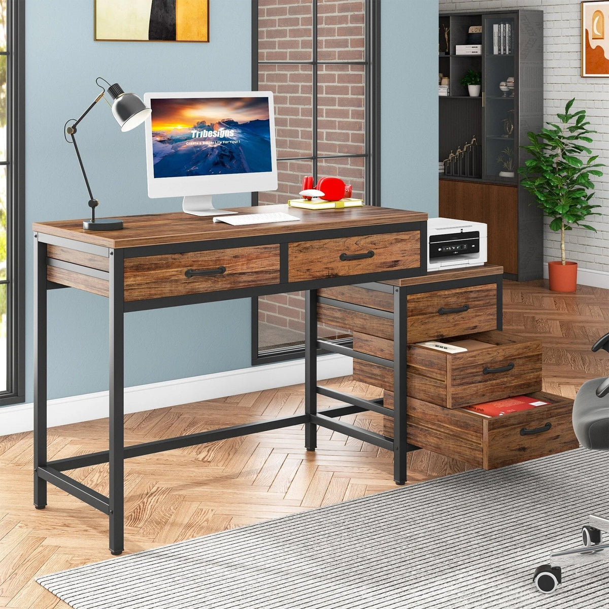 Reversible Computer Desk with 5 Drawers, Home Office Desk with File Cabinet Drawer Printer Stand