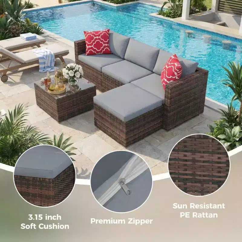 5 Pieces Patio Furniture Set, All-Weather Wicker Sectional Sofa With Anti-Slip Cushions, Rattan Outdoor Patio Furniture Sofa Set With Ottoman