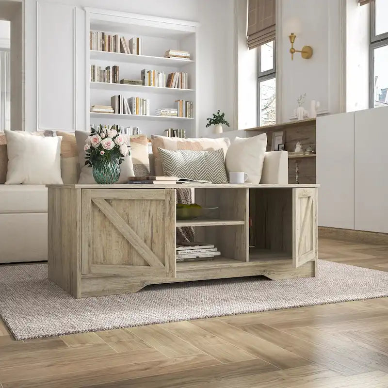 47 Rustic Farmhouse Coffee Table with Storage & Sliding Doors