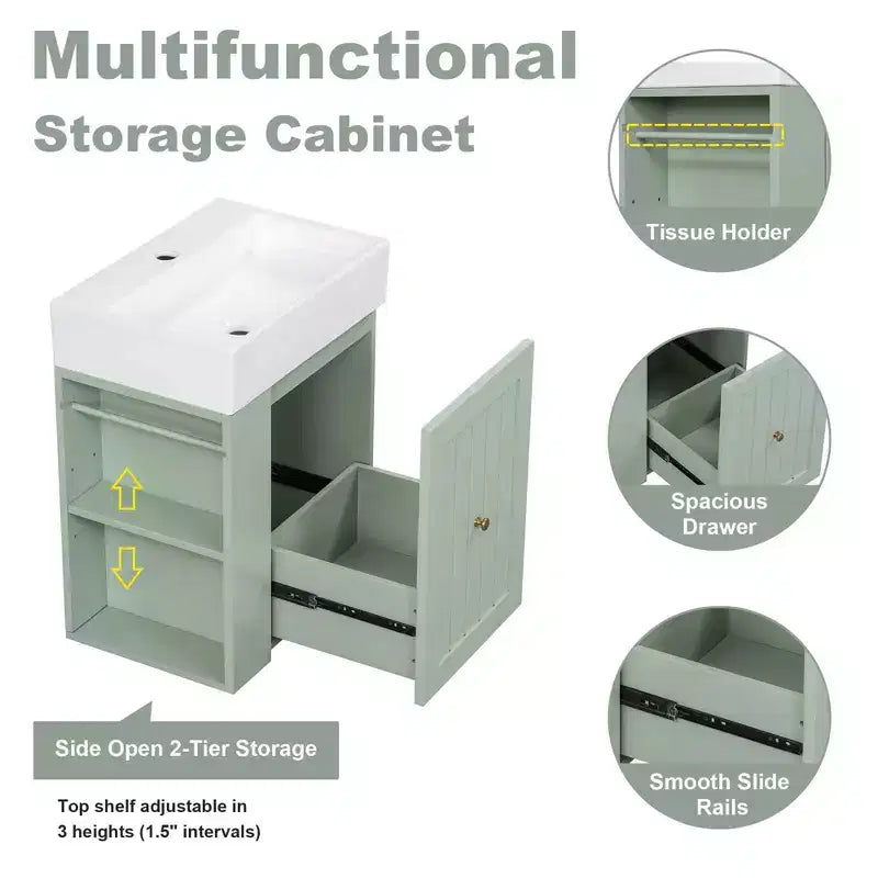 Bathroom Vanity with Ceramic Sink, MDF Storage Drawer, Side Shelf & Golden Handle