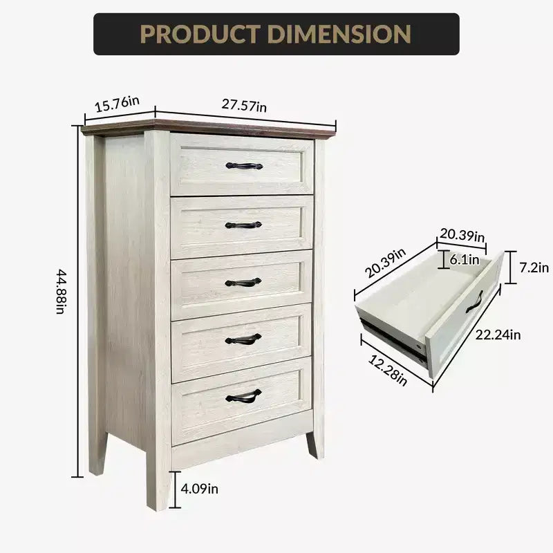 Farmhouse Dresser, Rustic Wood 5 Drawer Dresser for Closet, Tall Chest of Drawers with Metal Handles