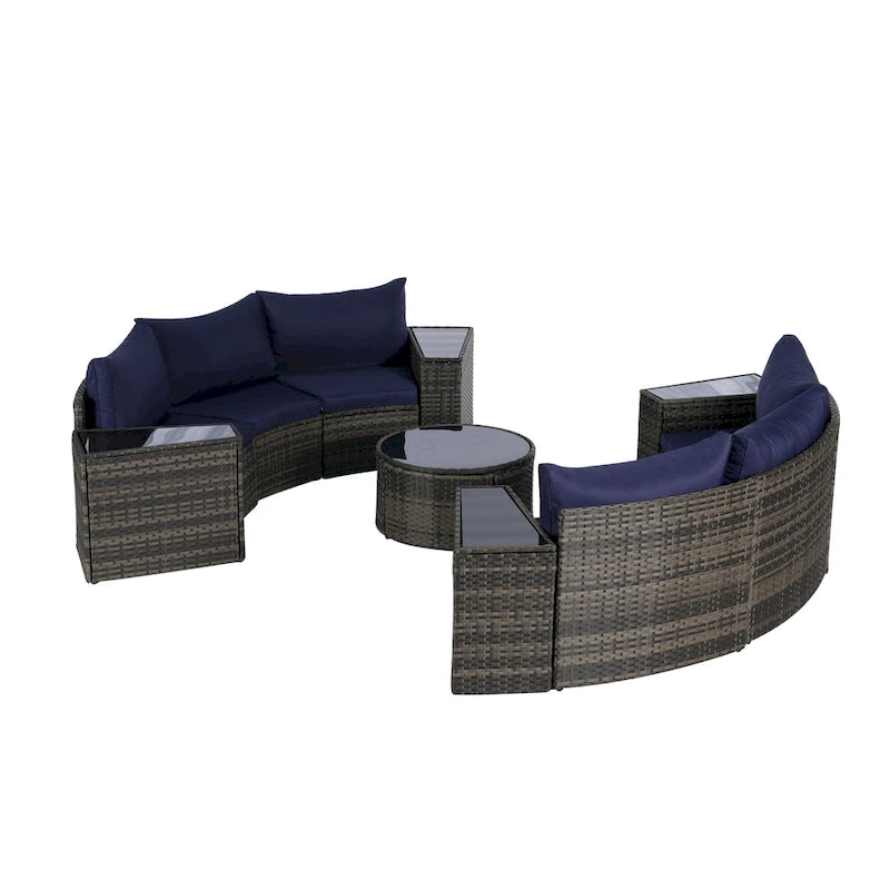 11-Piece Outdoor Half-Round Modular Sectional Sofa Set with Tempered Glass Coffee Table and 4 Side Table