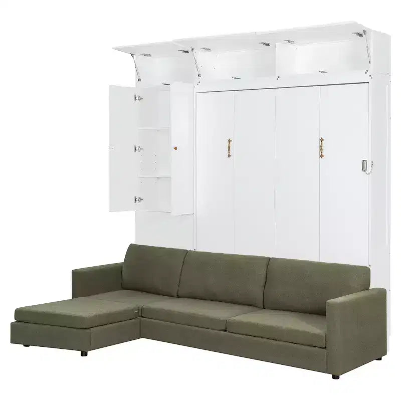 Queen Size Murphy Bed with Sofa and Cabinet, Wooden Queen Cabinet Bed Wall Bed with Shelves, Folding Wall Chest Bed for Guest Room Office