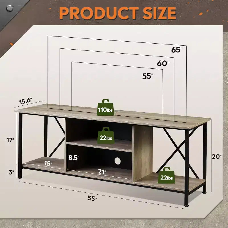 Rustic Industrial TV Stand for 55-65 TVs with Storage & Cable Management