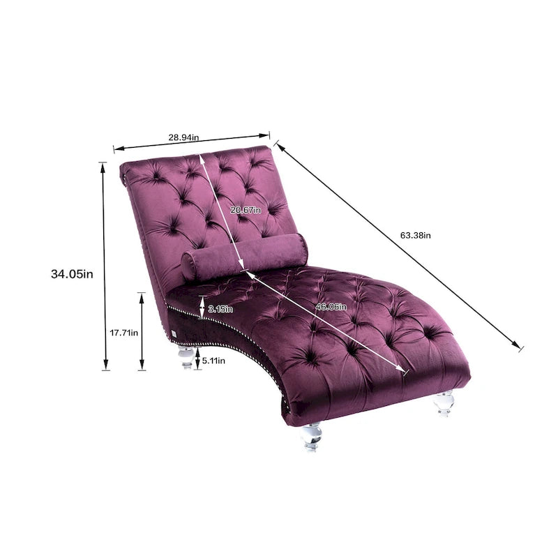 Purple Upholstered Tufted Chaise Lounge Chair with Pillow and Acrylic Legs