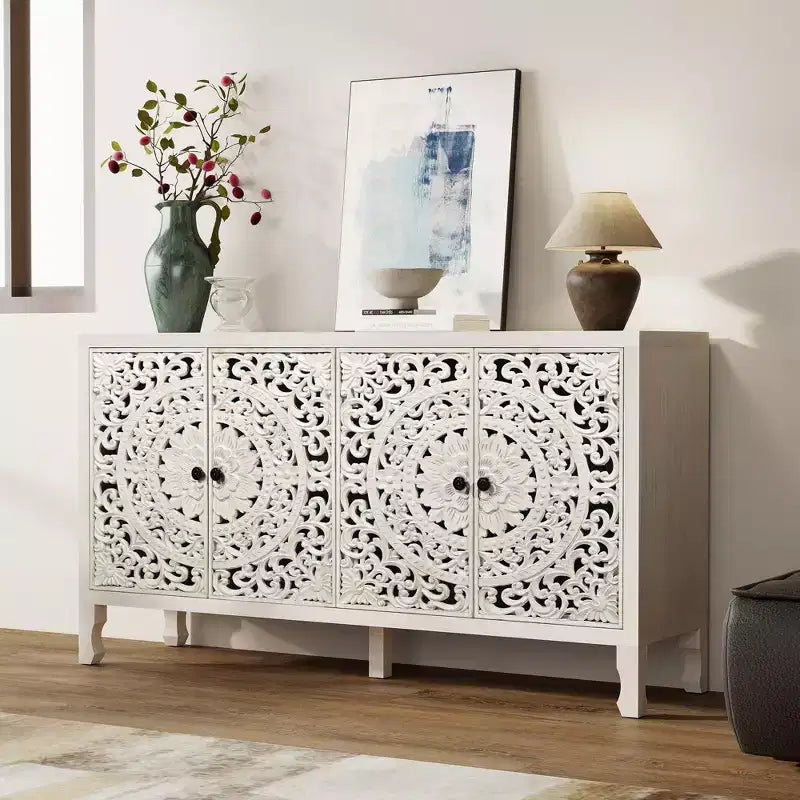 Buffet Cabinet with Storage, Distressed Storage Cabinet with 4 Carved Doors and Adjustable Shelf, Wooden Accent Sideboard Buffet Cabinets