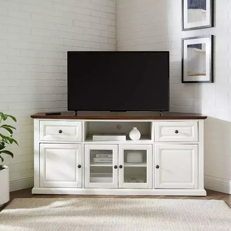 White Corner TV Stand for TVs up to 65, Beveled Glass Doors, 1-Person Assembly