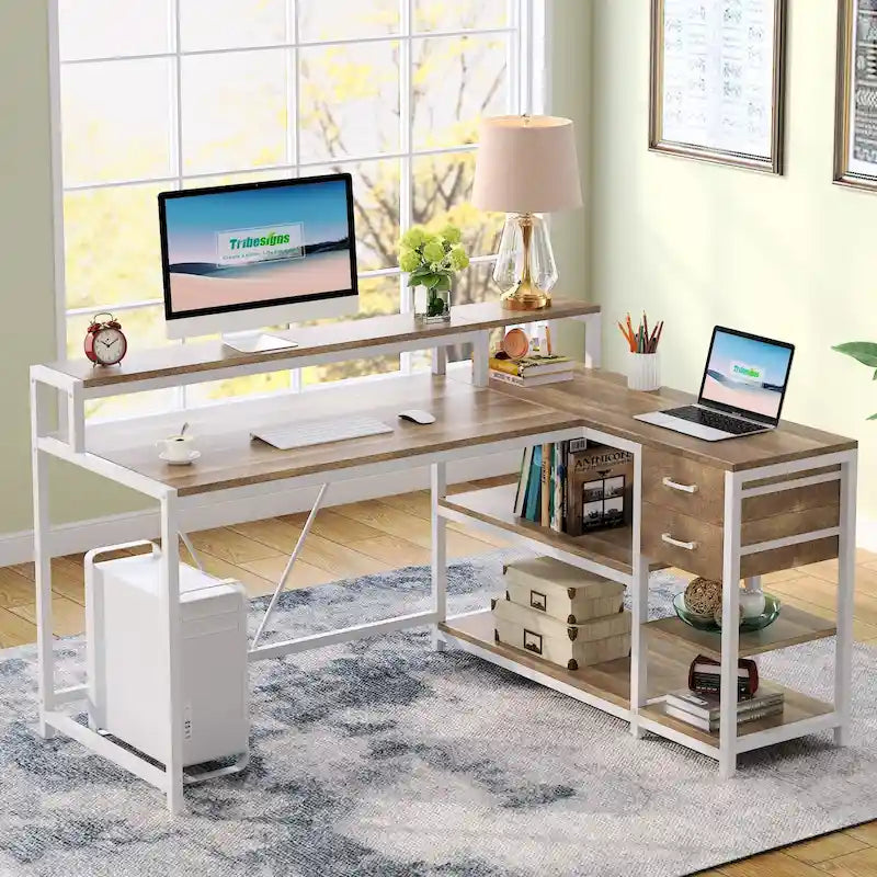 L Shaped Desk with Drawer, Home Office Corner Desk with Storage Shelves and Monitor Stand, Rustic PC Desk for Small Space