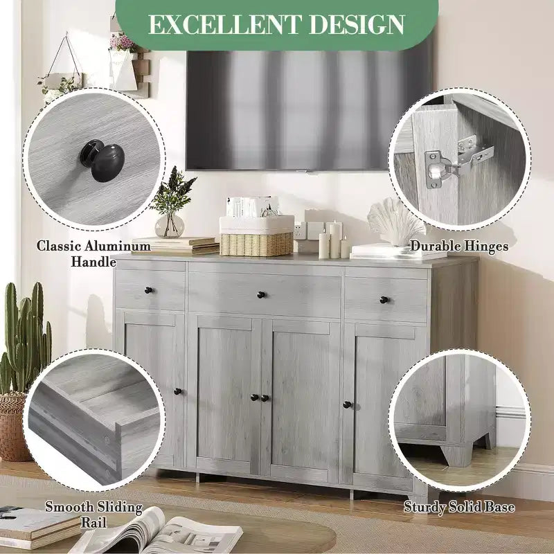 55 Sideboard Buffet Cabinet with 3 Drawers & 4 Doors, Adjustable Shelf Kitchen Storage Console for Dining Room Living Room