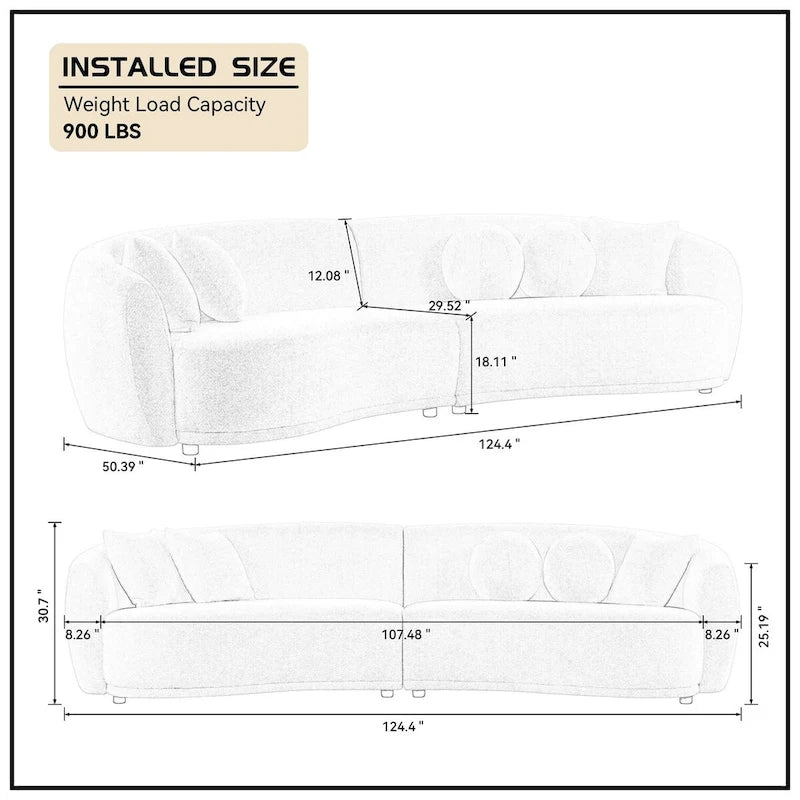 Deep Seat Curved Sectional Sofa, Boucle Fabric with 5 Throw Pillows