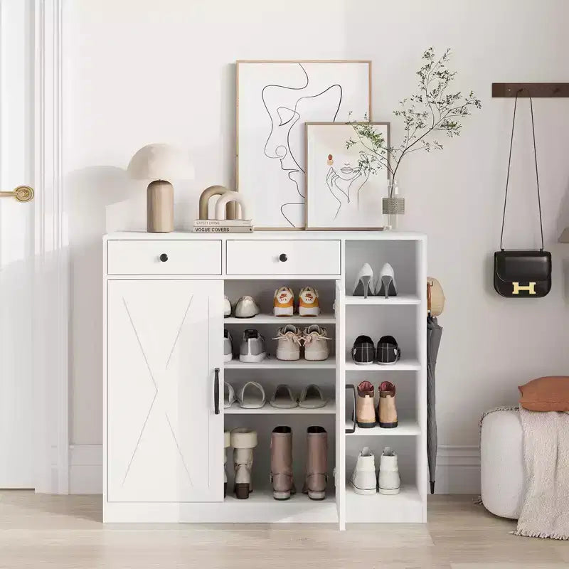 Shoe Cabinet, Shoe Storage Cabinet  Farmhouse 2 Barn Door Design with Drawers, Adjustable Shelves & Hooks for Entryway, Hallway