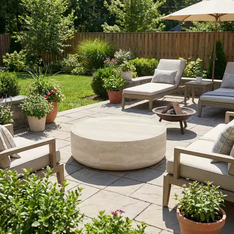 JVNOXK 39.37 Round Faux Travertine Texture Coffee Table, Modern Faux Marble Pattern Living Room Table (No Assembly Needed)