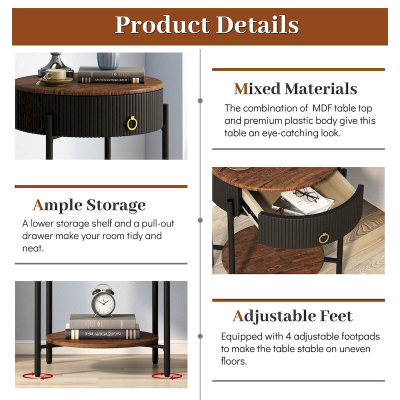 Myhozm Modern End Table with Storage Drawer, Round Nightstand with Metal Legs for Living Room, Bedroom, Office