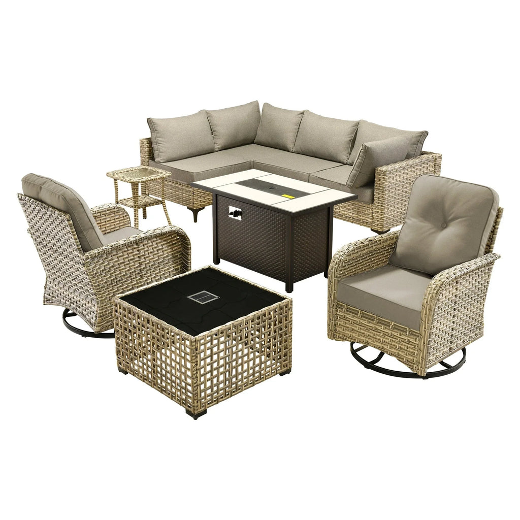 OVIOS 9 Pieces Outdoor Wicker Swivel Chair Set With Fire Table