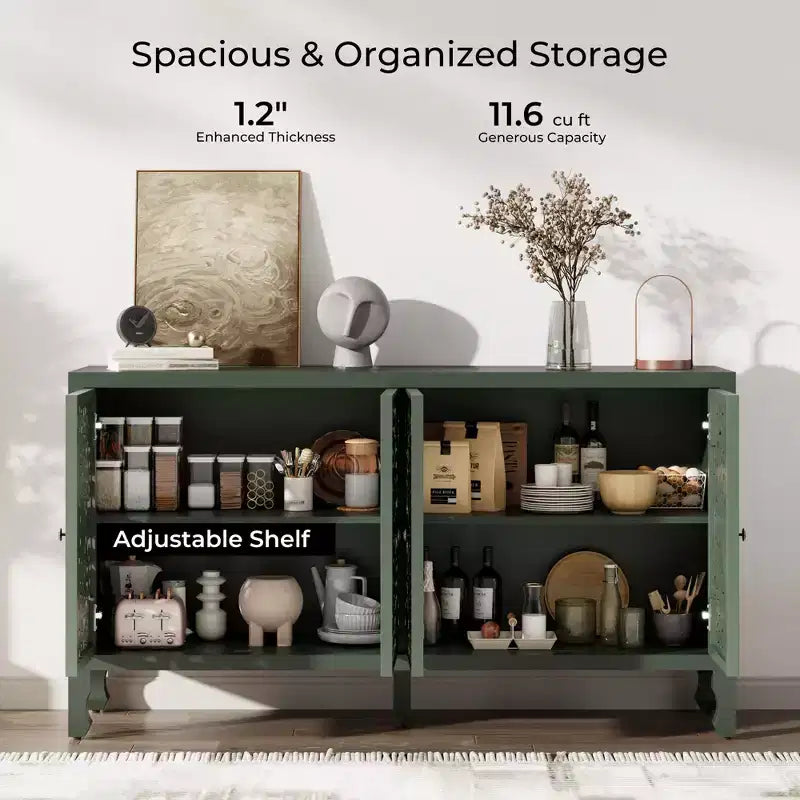 Buffet Cabinet with Storage, Distressed Storage Cabinet with 4 Carved Doors and Adjustable Shelf, Wooden Accent Sideboard Buffet Cabinets